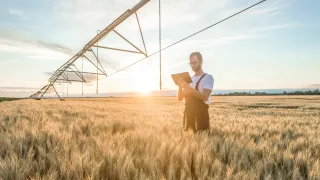 farmer standing in a field near an irrigation pivot, using a tablet