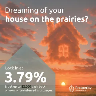 Sunset with house-shaped clouds, text, and logo.