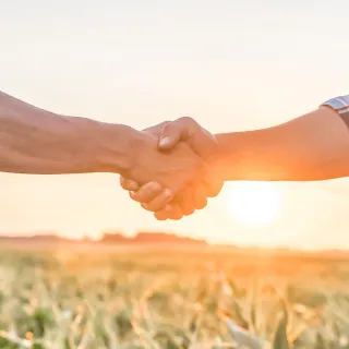 Two farmers shaking hands in field